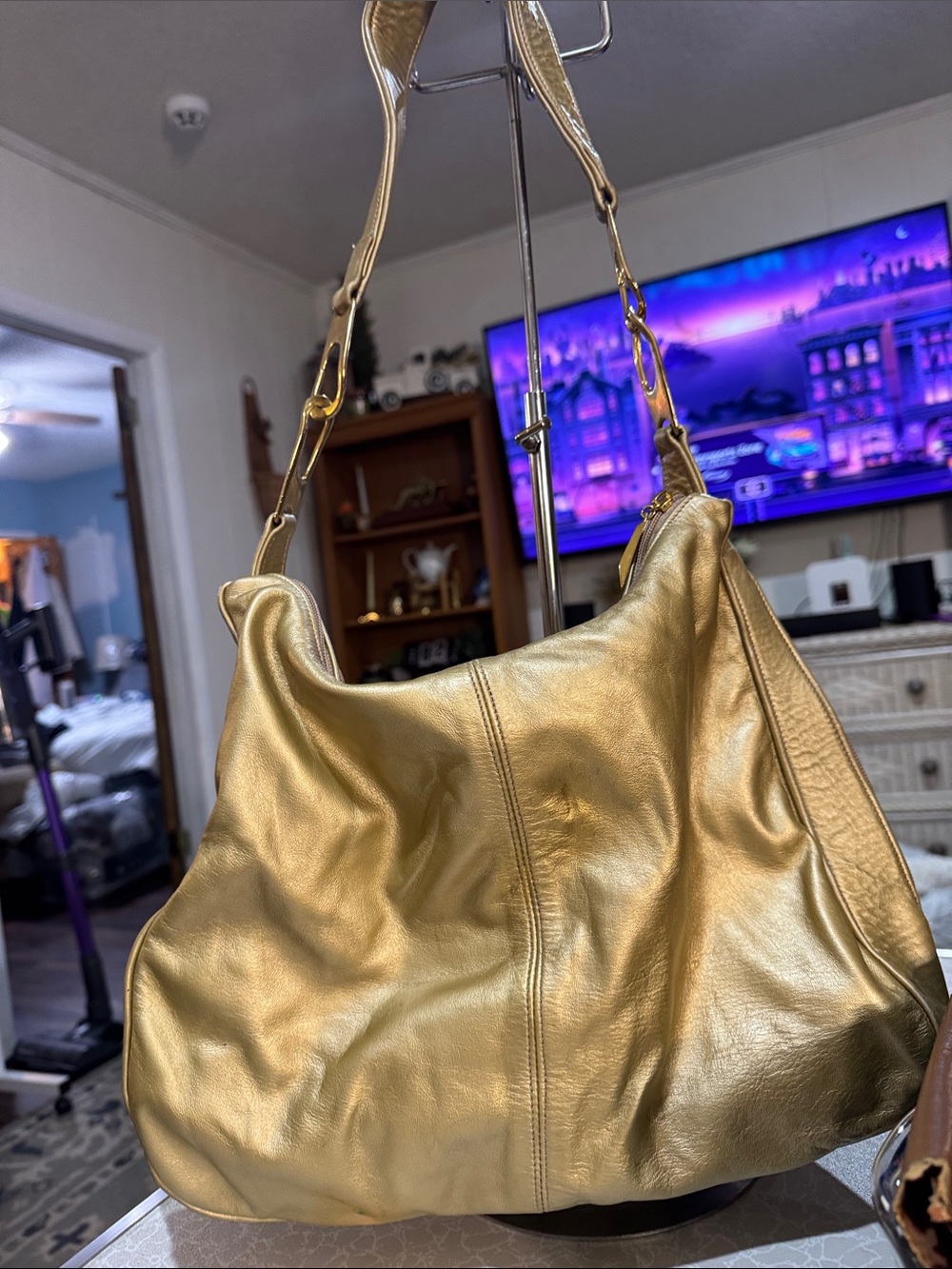 Metallic Gold Leather Shoulder Hobo Bag